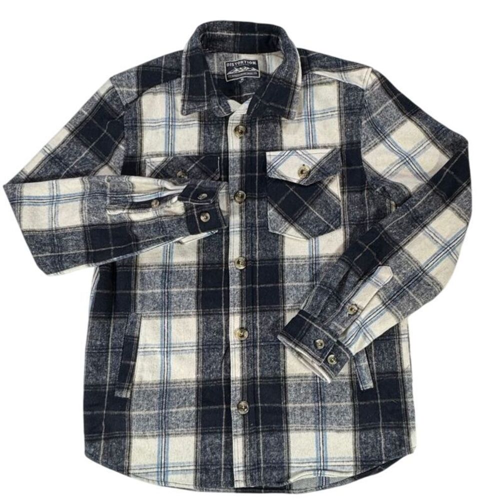 Distortion Navy Blue Plaid Heavy Flannel Button-Up Long Sleeve Shirt Size‎ M - Picture 2 of 7